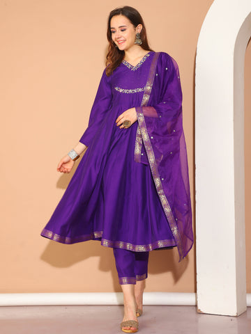 Purple Poly Silk Embroidered Anarkali Kurta & Pant With Dupatta