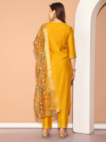 Mustard Yellow Poly Silk Embroidered Straight Kurta & Pant With Dupatta