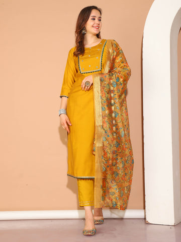 Mustard Yellow Poly Silk Embroidered Straight Kurta & Pant With Dupatta