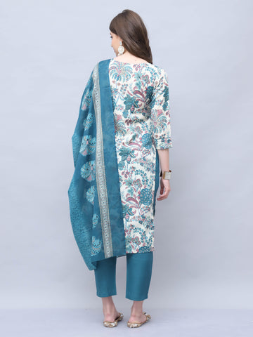 Off White & Teal Cotton Blend Embroidered Straight Kurta & Pant With Dupatta