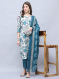 Off White & Teal Cotton Blend Embroidered Straight Kurta & Pant With Dupatta