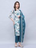 Off White & Teal Cotton Blend Embroidered Straight Kurta & Pant With Dupatta