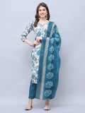 Off White & Teal Cotton Blend Embroidered Straight Kurta & Pant With Dupatta