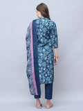 Navy Blue Women Cotton Blend Floral Printed Kurta & Pant With Dupatta