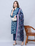 Navy Blue Women Cotton Blend Floral Printed Kurta & Pant With Dupatta