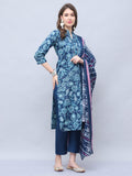 Navy Blue Women Cotton Blend Floral Printed Kurta & Pant With Dupatta