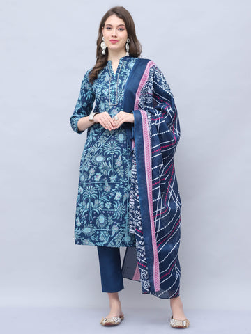 Navy Blue Women Cotton Blend Floral Printed Kurta & Pant With Dupatta