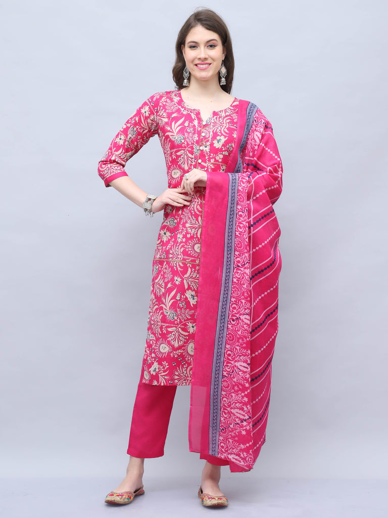 Pink Cotton Blend Embroidered Straight Kurta & Pant With Dupatta