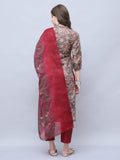 Brown Cotton Blend Embroidered Straight Kurta & Pant With Dupatta