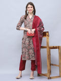 Brown Cotton Blend Embroidered Straight Kurta & Pant With Dupatta