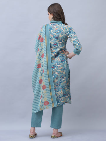 Turquoise Cotton Blend Embroidered Straight Kurta & Pant With Dupatta