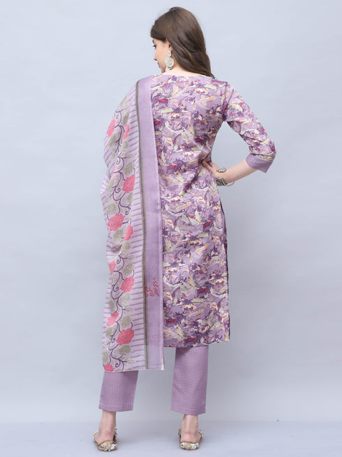 Purple Cotton Blend Embroidered Straight Kurta & Pant With Dupatta
