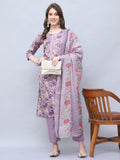 Purple Cotton Blend Embroidered Straight Kurta & Pant With Dupatta