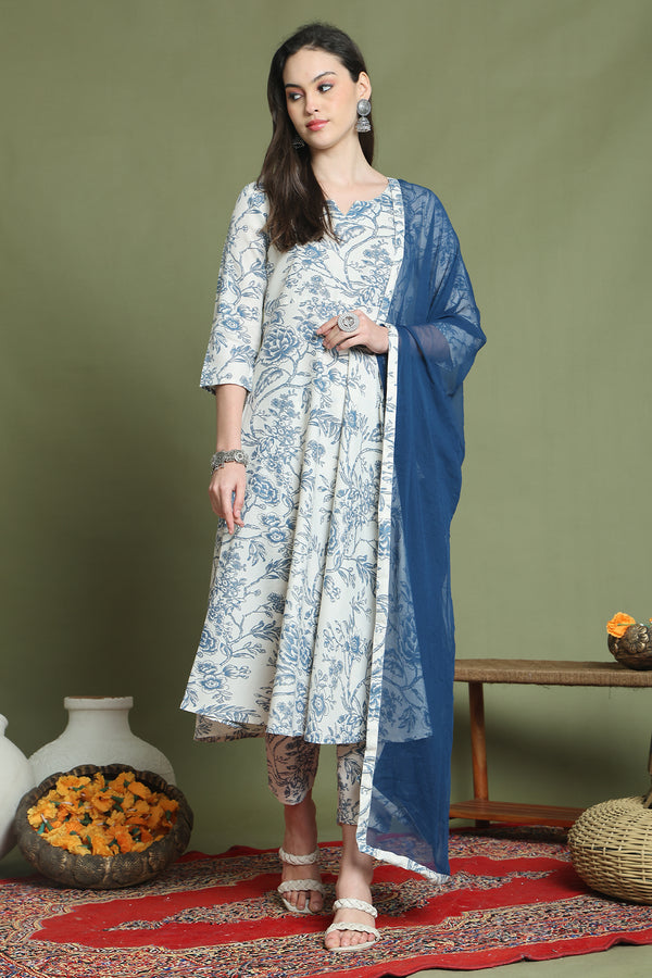 Off White & Blue Cotton Floral Printed Kurta & Pant With Dupatta