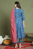 Blue Cotton Floral Printed Kurta & Pant With Dupatta