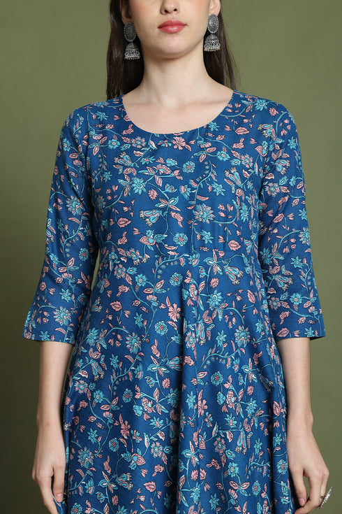 Blue Cotton Floral Printed Kurta & Pant With Dupatta
