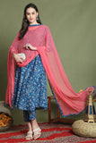 Blue Cotton Floral Printed Kurta & Pant With Dupatta