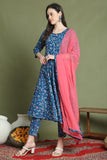 Blue Cotton Floral Printed Kurta & Pant With Dupatta