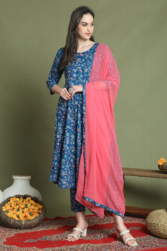 Blue Cotton Floral Printed Kurta & Pant With Dupatta