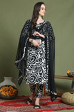 Black & White Cotton Abstract Printed Kurta & Pant With Dupatta