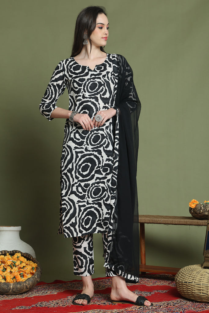 Black & White Cotton Abstract Printed Kurta & Pant With Dupatta