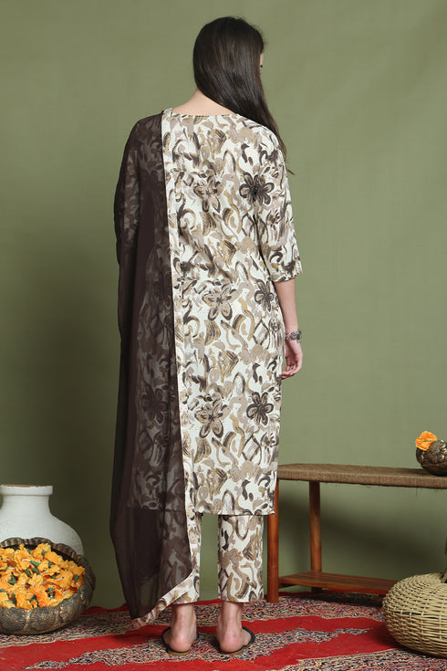 Off White & Brown Cotton Floral Printed Kurta & Pant With Dupatta