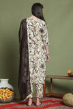 Off White & Brown Cotton Floral Printed Kurta & Pant With Dupatta