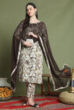 Off White & Brown Cotton Floral Printed Kurta & Pant With Dupatta