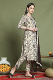 Off White & Brown Cotton Floral Printed Kurta & Pant With Dupatta