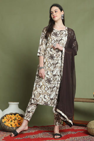 Off White & Brown Cotton Floral Printed Kurta & Pant With Dupatta