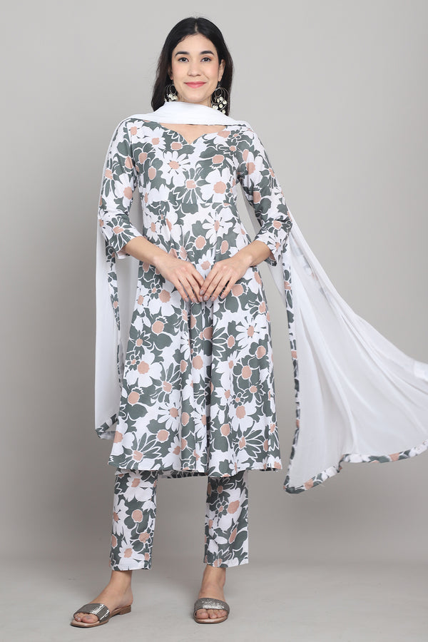 Women Olive Green & White Cotton Blend  Floral Printed Kurta & Pant With Dupatta