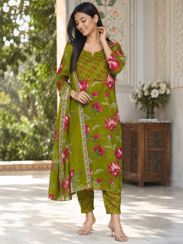 Parrot Green Cotton Blend Jaipuri Printed Straight Kurta & Pant With Dupatta