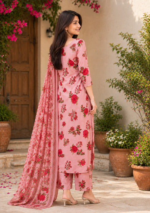 Light Pink Cotton Blend Jaipuri Printed Kurta & Pant With Dupatta