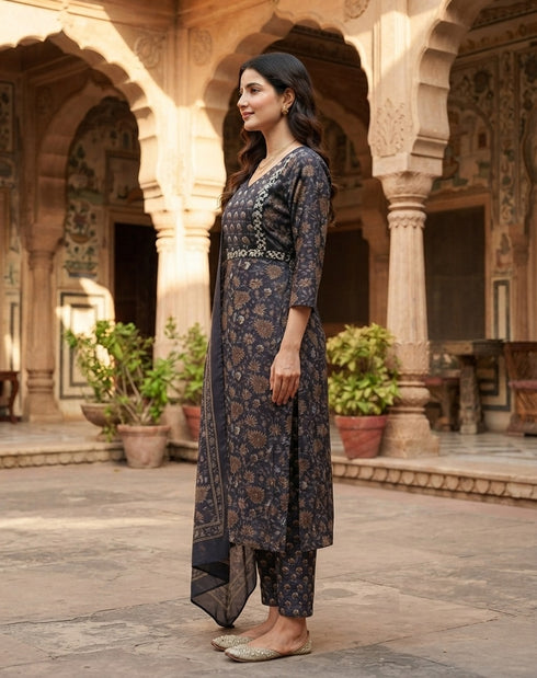 Black Cotton Jaipuri Printed Kurta & Pant With Dupatta