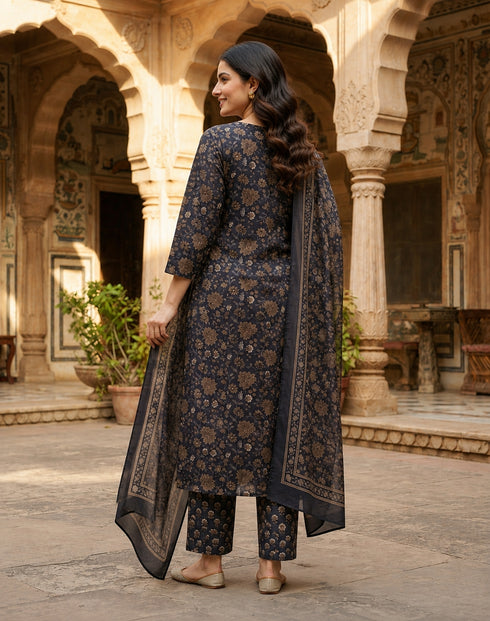 Black Cotton Jaipuri Printed Kurta & Pant With Dupatta