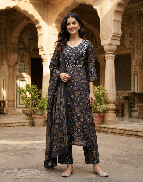Black Cotton Jaipuri Printed Kurta & Pant With Dupatta