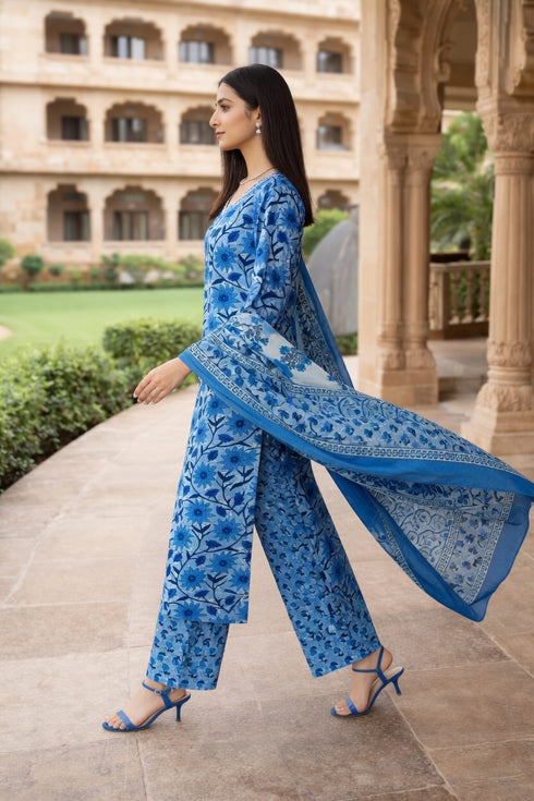 Blue Cotton Jaipuri Printed Kurta & Pant With Dupatta