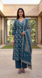Teal Blue Cotton Jaipuri Printed Kurta & Pant With Dupatta