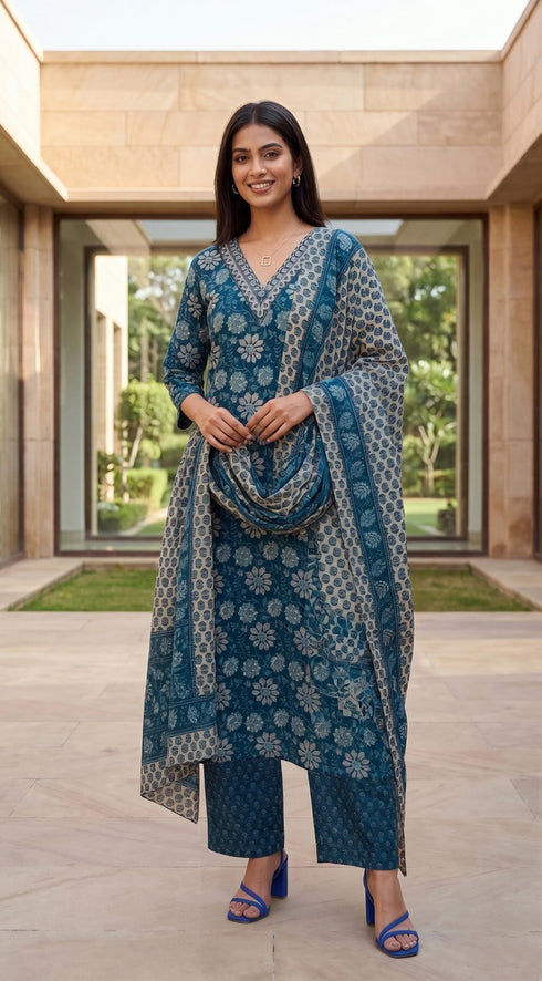 Teal Blue Cotton Jaipuri Printed Kurta & Pant With Dupatta