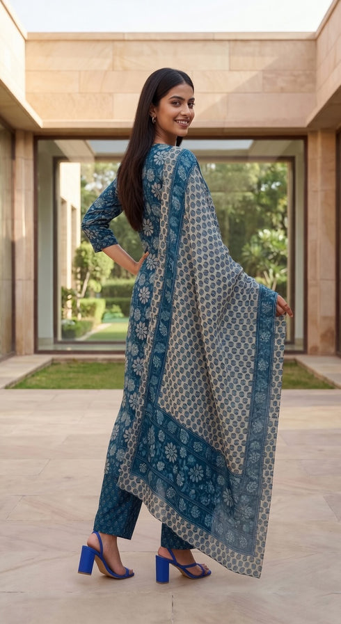 Teal Blue Cotton Jaipuri Printed Kurta & Pant With Dupatta