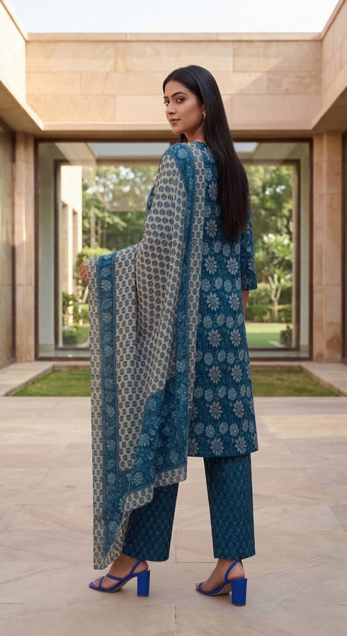 Teal Blue Cotton Jaipuri Printed Kurta & Pant With Dupatta