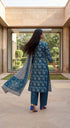 Teal Blue Cotton Jaipuri Printed Kurta & Pant With Dupatta