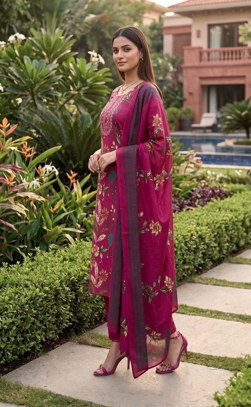 Magenta Cotton Jaipuri Printed Kurta & Pant With Dupatta