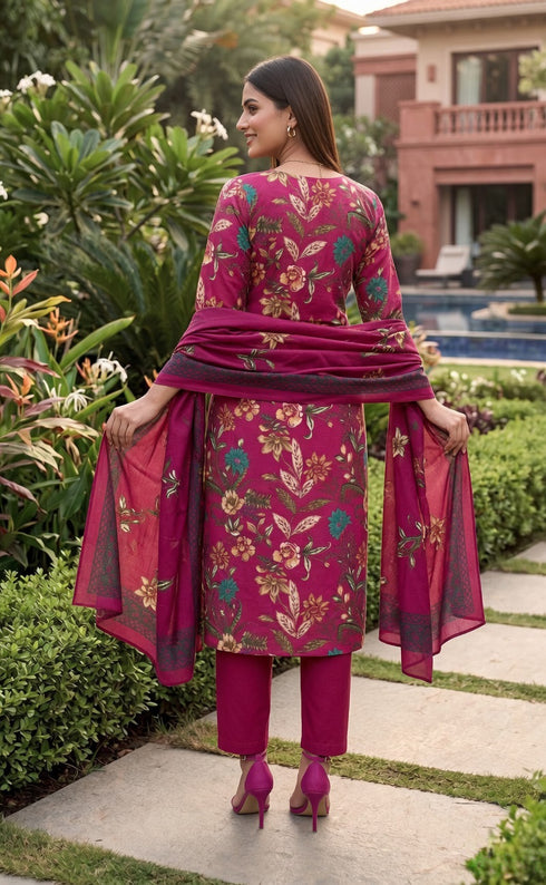 Magenta Cotton Jaipuri Printed Kurta & Pant With Dupatta