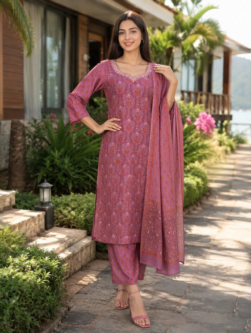 Dusty Pink Cotton Jaipuri Printed Kurta & Pant With Dupatta