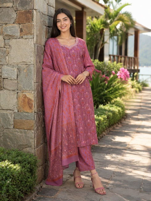 Dusty Pink Cotton Jaipuri Printed Kurta & Pant With Dupatta
