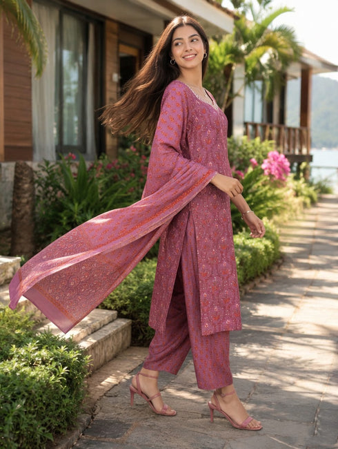 Dusty Pink Cotton Jaipuri Printed Kurta & Pant With Dupatta