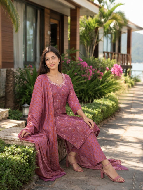 Dusty Pink Cotton Jaipuri Printed Kurta & Pant With Dupatta
