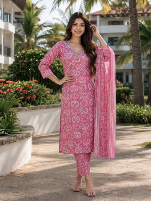 Pink & White Cotton Jaipuri Printed Kurta & Pant With Dupatta