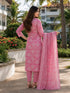 Pink & White Cotton Jaipuri Printed Kurta & Pant With Dupatta